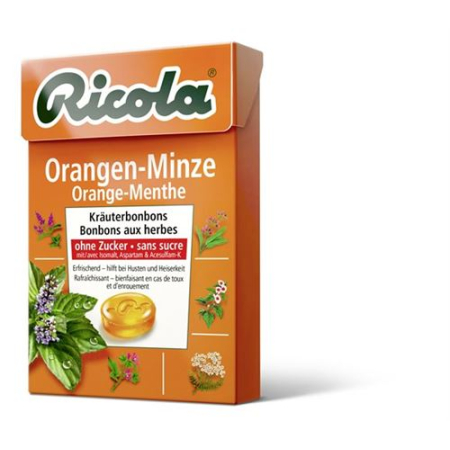 Ricola Orange Mint მცენარეული ტკბილეული შაქრის გარეშე 50გრ ყუთი