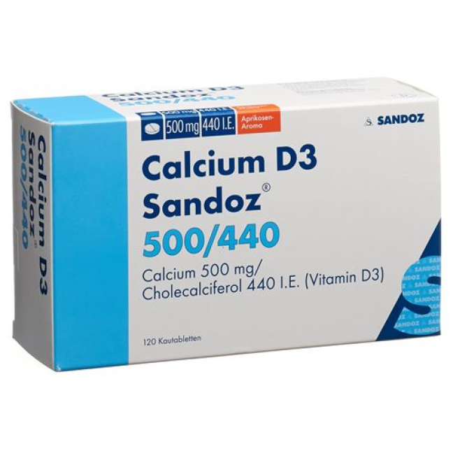 Calcium Sandoz D3 Kautabl 500/440 abricot 120 pièces