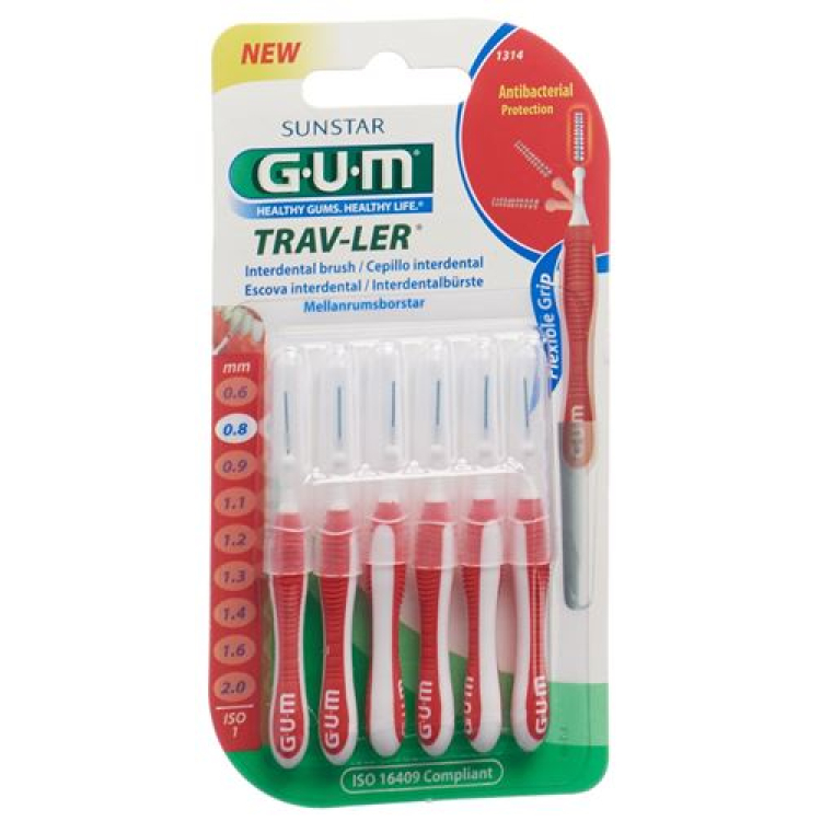 GUM SUNSTAR Proxabrush Trav-Ler ISO 1 0.8mm hình trụ màu đỏ 6 chiếc