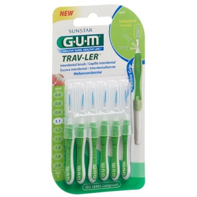 Gum sunstar proxabrush trav-ler ស្តង់ដារ iso 1.1mm 3 សាជីពណ៌បៃតង 6 កុំព្យូទ័រ