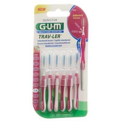 Gum sunstar proxabrush trav-ler ស្តង់ដារ iso 4 1.4mm រាងស៊ីឡាំងពណ៌ផ្កាឈូក 6 កុំព្យូទ័រ