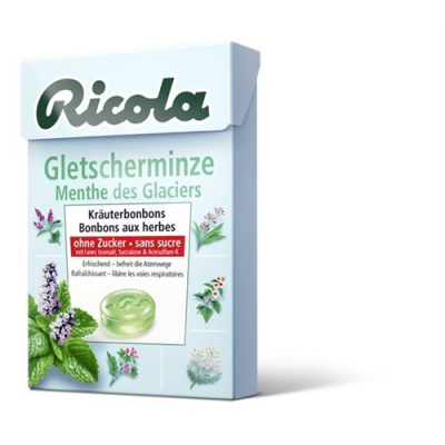 ស្ករគ្រាប់ Ricola glacier mint ដោយគ្មានជាតិស្ករ ប្រអប់ 50 ក្រាម។