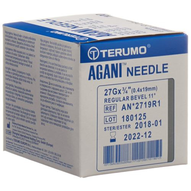 Terumo Agani tek kullanımlık kanül 27G 0.4x19mm gri 100 adet