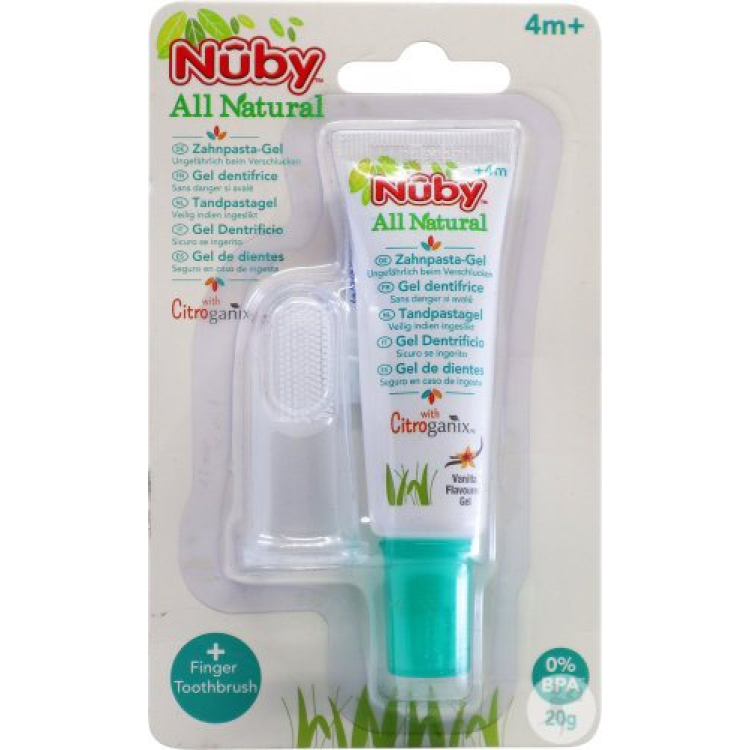 ច្រាសដុសធ្មេញម្រាមដៃ Nuby All Naturals និងថ្នាំដុសធ្មេញ 20 ក្រាម។