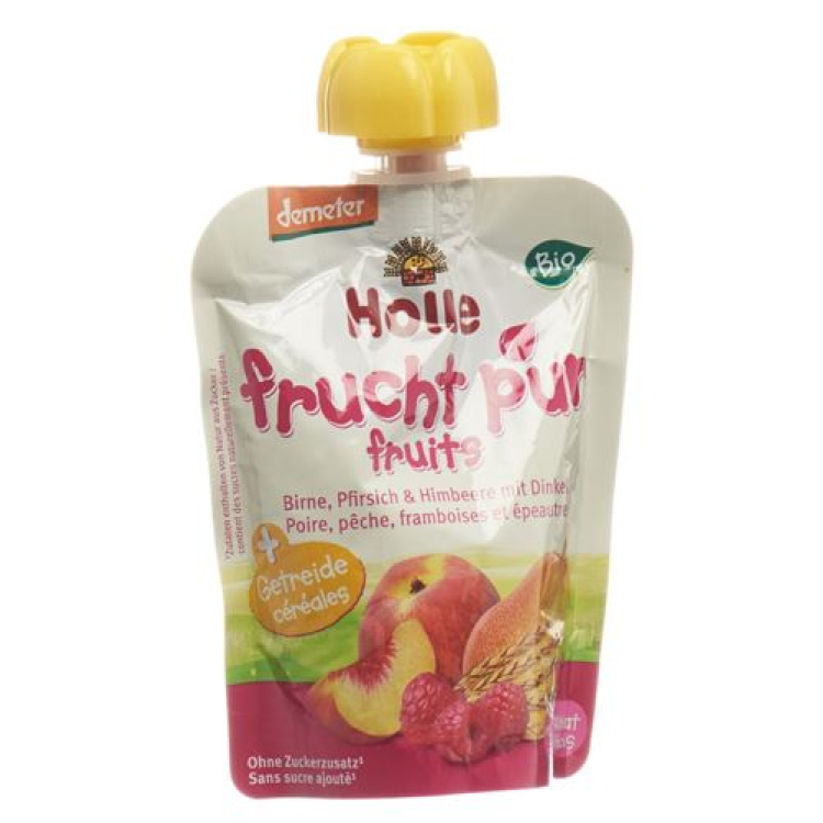 Holle Pouchy peer perzik + framboos met spelt 90 g