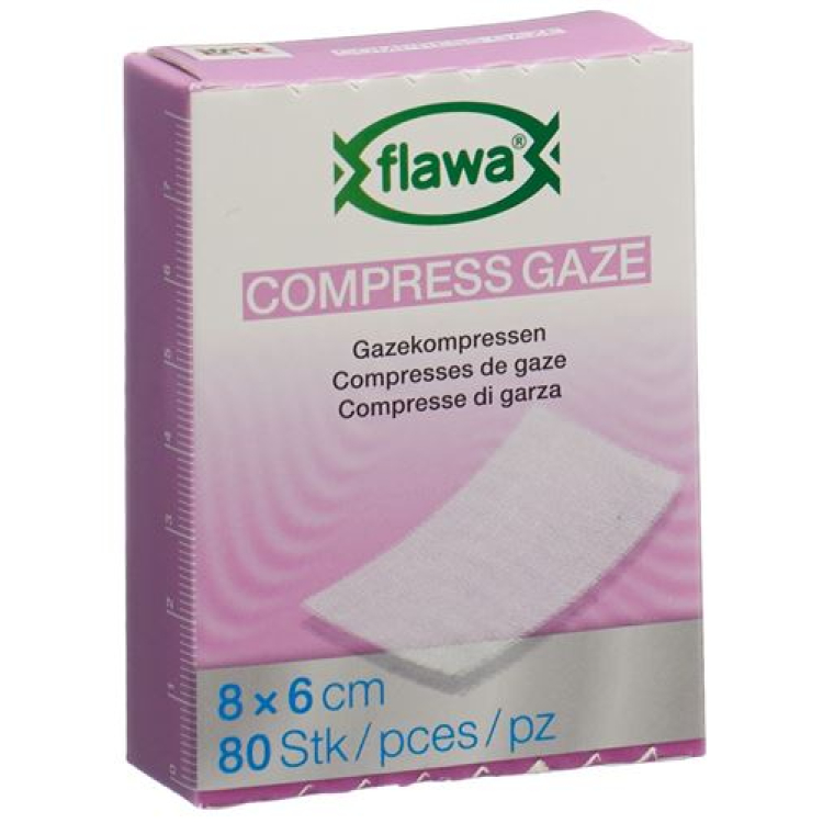 Compresses de gaze Flawa coupées 6x8cm traitement anti-germes 80 pièces