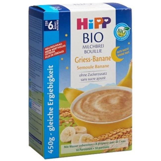 Hipp Gute Nacht organic milk porridge semolina banana no added sugar 45