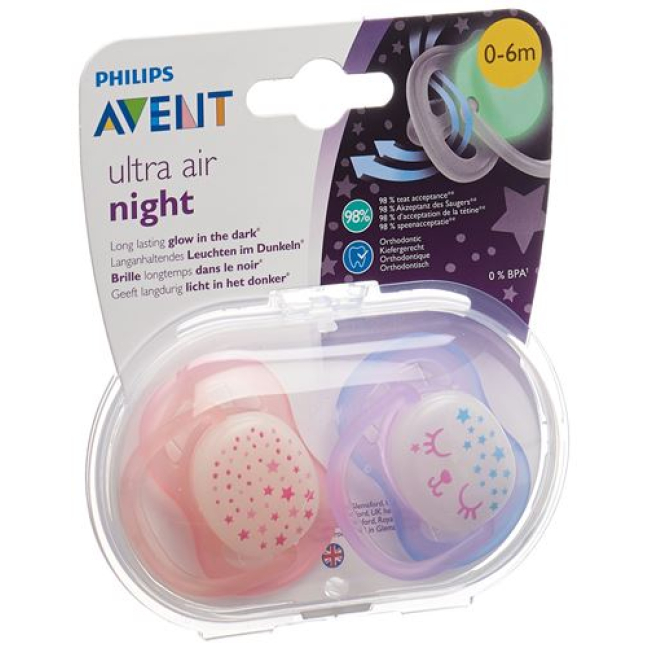 Avent Philips sucette ultra air 0-6m Nuit Fille étoiles / chat