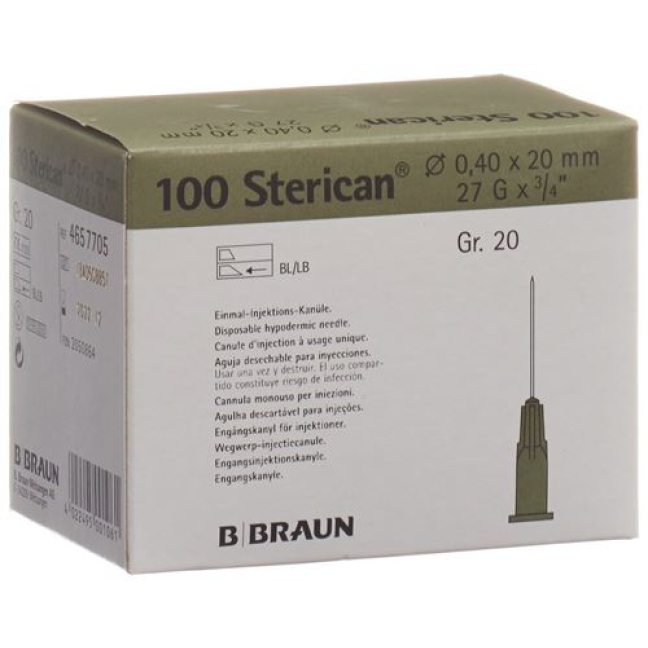 Aguja STERICAN 27G 0,40x20mm gris Luer 100 uds