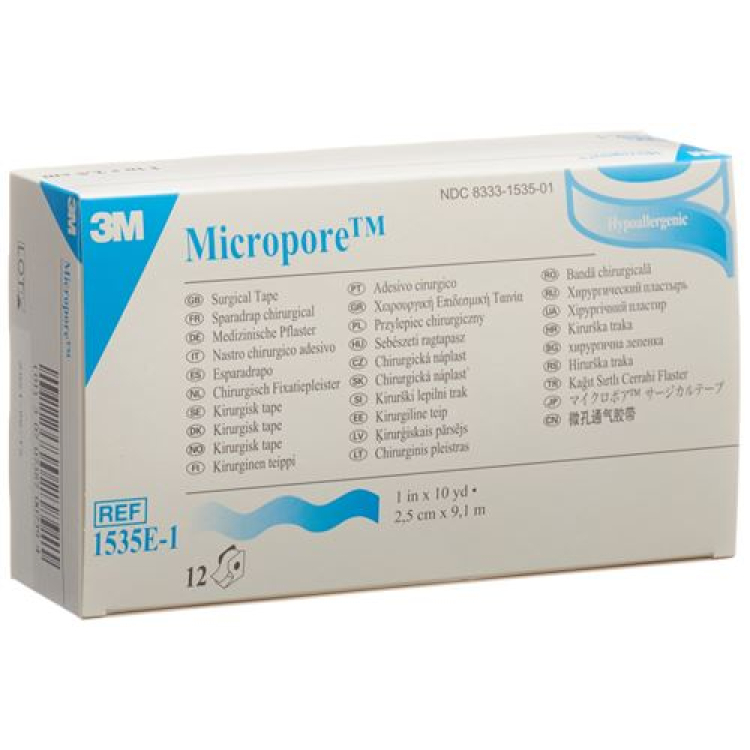 3M Micropore rullplaster med dispenser 25mmx9,14m hvit 12 stk.