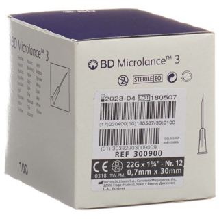 Cánula de inyección BD Microlance 3 0,70x30mm negra 100 uds