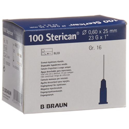 Aguja STERICAN 23G 0,60x25mm azul luer 100 uds