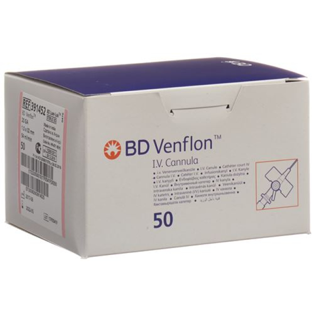 BD Venflon Indwelling Catheters with Injection Port 20G 1.0x32mm Luer-Lok Pink 50 pcs - Beeovita