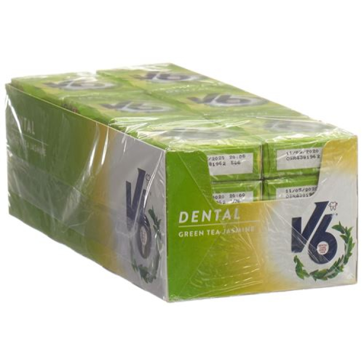 Caixa de 24 gomas de mascar para cuidados dentários V6 chá verde jasmim