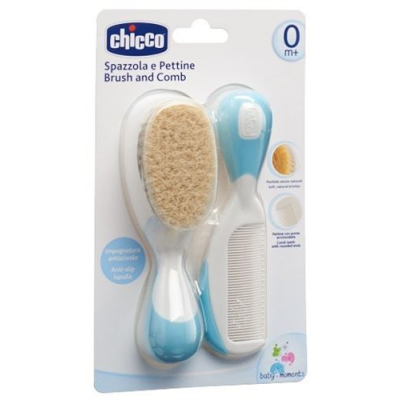 Sisir chicco dan berus bulu asli biru muda 0m +