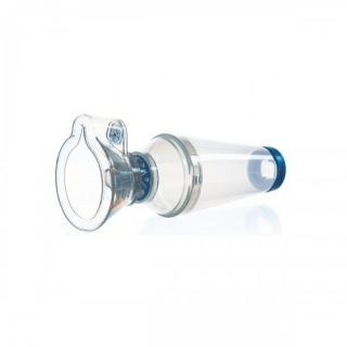 DTF inhalation chamber for metered dose aerosols with mouthpiece and adult