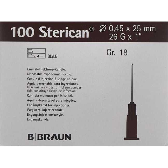 STERICAN nål 26G 0,45x25mm brun Luer 100 stk