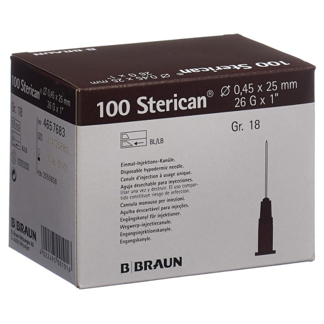 STERICAN nål 26G 0,45x25mm brun Luer 100 stk