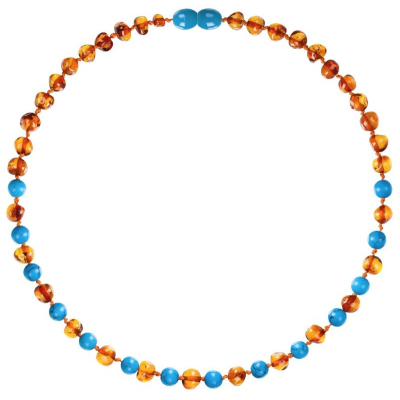 AMBEROS Natur Bernsteinkette mit Edelsteinen Baroque Cognac Turquoise