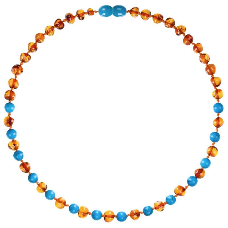 AMBEROS Natur Bernsteinkette mit Edelsteinen Baroque Cognac Turquoise