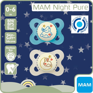 MAM Night Nuggi ភ្លេងសុទ្ធ ស៊ីលីកា 0-6 Monate 2 Stk