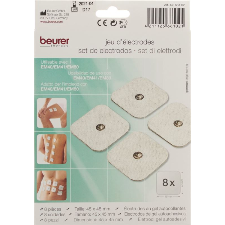 អេឡិចត្រូត Beurer TENS ស្តង់ដារ 45x45mm 8 កុំព្យូទ័រ