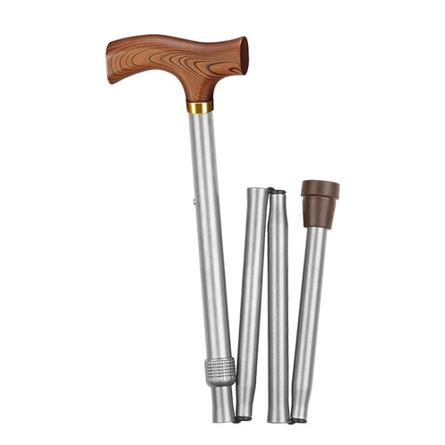 Sahag folding cane alu silver -100kg 85-95cm with Fritz handle timber 4-fold foldable