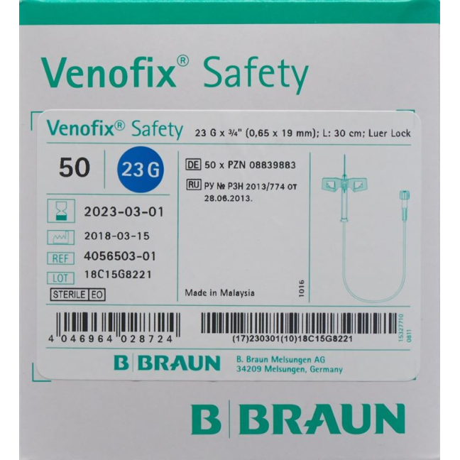 Venofix Safety 23G 0.65x19mm blue hose 30cm 50 pcs