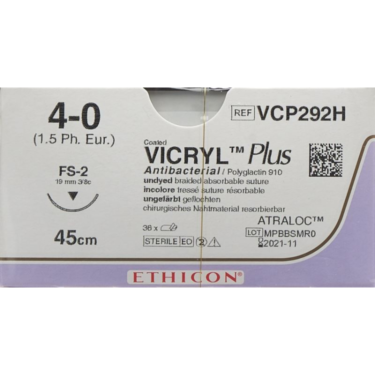 VICRYL PLUS 45cm ufarget 4-0 FS-2S 36 stk