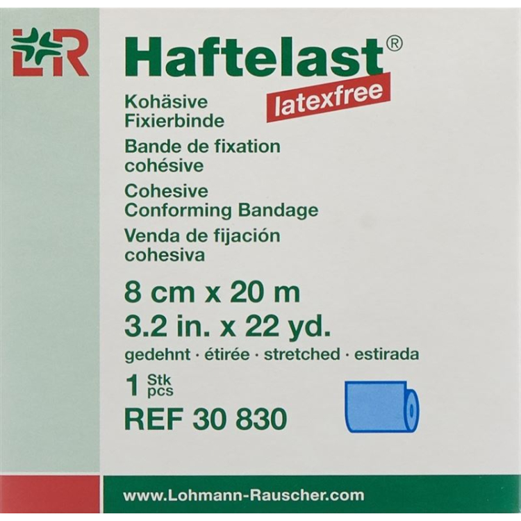 Haftelast latexvrij cohesief fixatiezwachtel 8cmx20m blauw 6 st