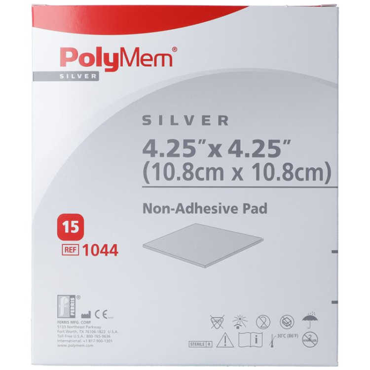 PolyMem Silver ko'pikli qoplama 10,8x10,8 sm yopishqoq bo'lmagan steril 15 p