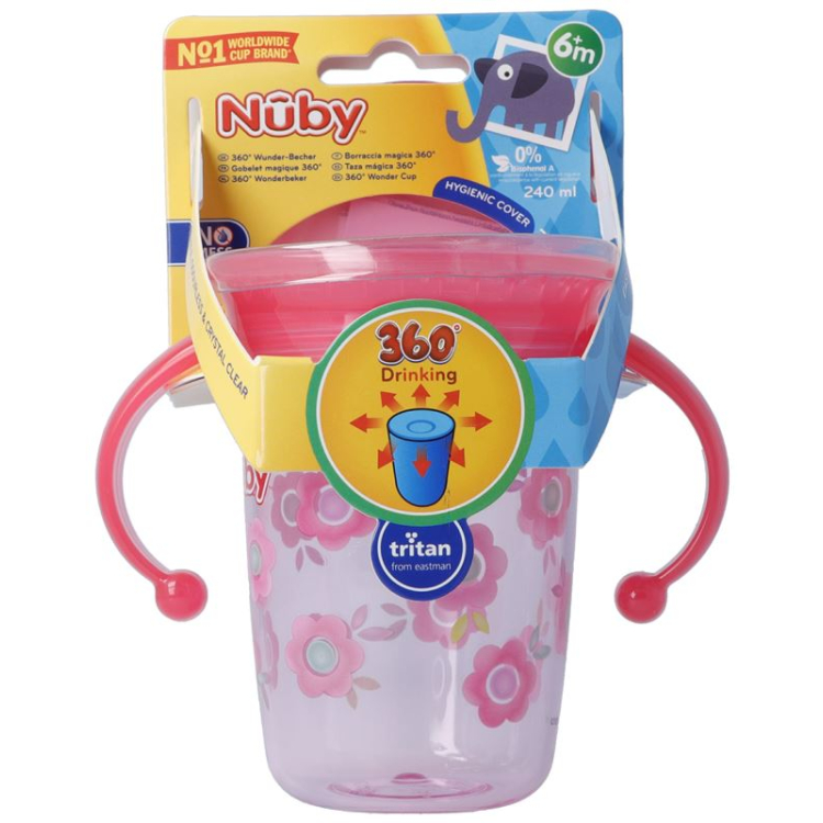 Nuby Trinktasse 360° Wonder Cup aus TRITAN 240ml PINK mit Henkel auslaufsicher