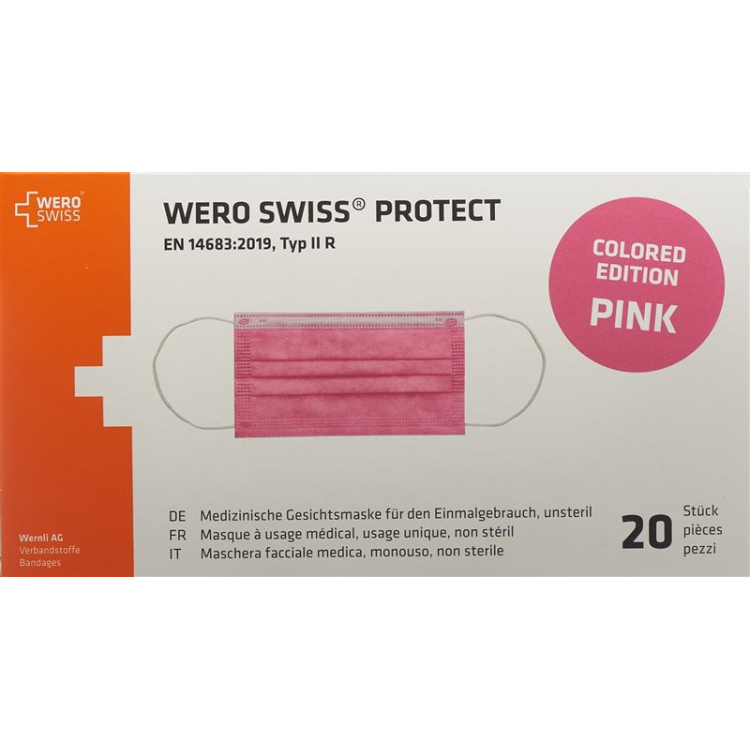 WERO SWISS Protect Maske Typ IIR rožinė dėžutė 20 Stk