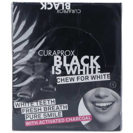 Curaprox Black is White chewing gum display with 12 blister