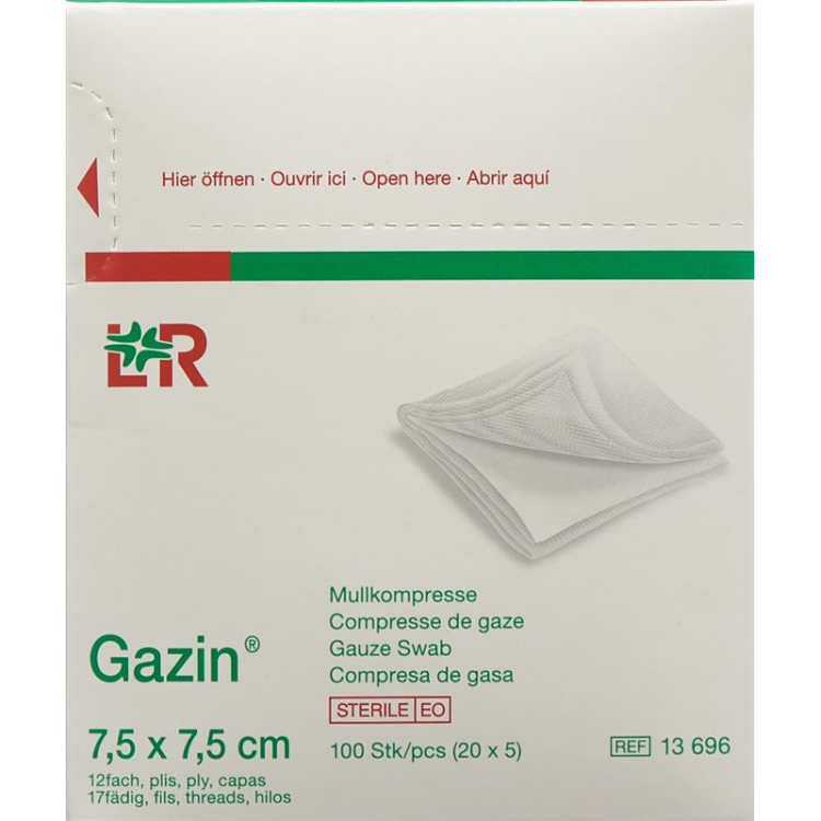 Gazin gasbind kompresser 7,5x7,5cm 12 ganger sett sterilt 20 x 5 stk.