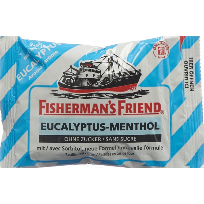 Žvejo draugas Eukalipto mentolio pastilių maišelis be cukraus 25g
