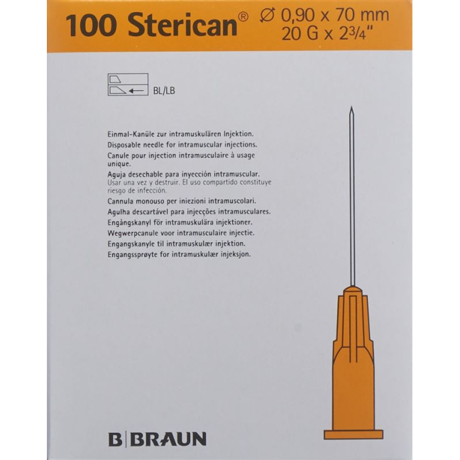 Sterican Nadel 20G 0.90x70mm jelb Luer 100 Stk