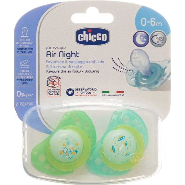 Chicco Physiological Silicone Soother mini GLOWING 0-6m CASE IT / DE / FR 2 pcs