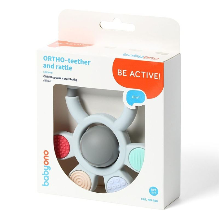 BabyOno Ortho Beissring silicone & rattle 0M +