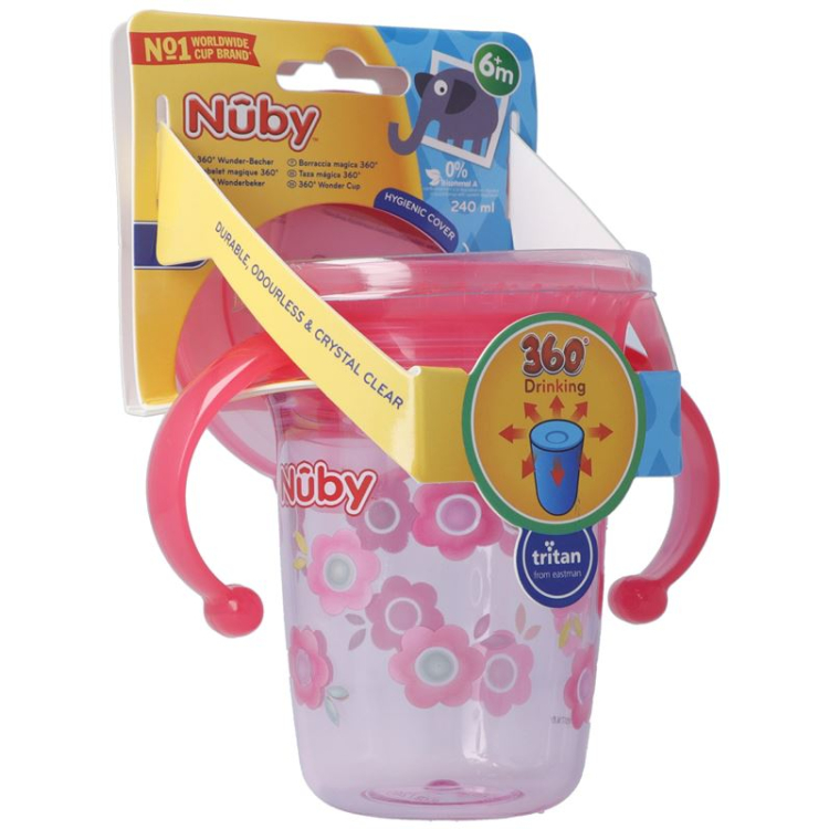 Nuby Trinktasse 360° Wonder Cup aus TRITAN 240ml PINK mit Henkel auslaufsicher