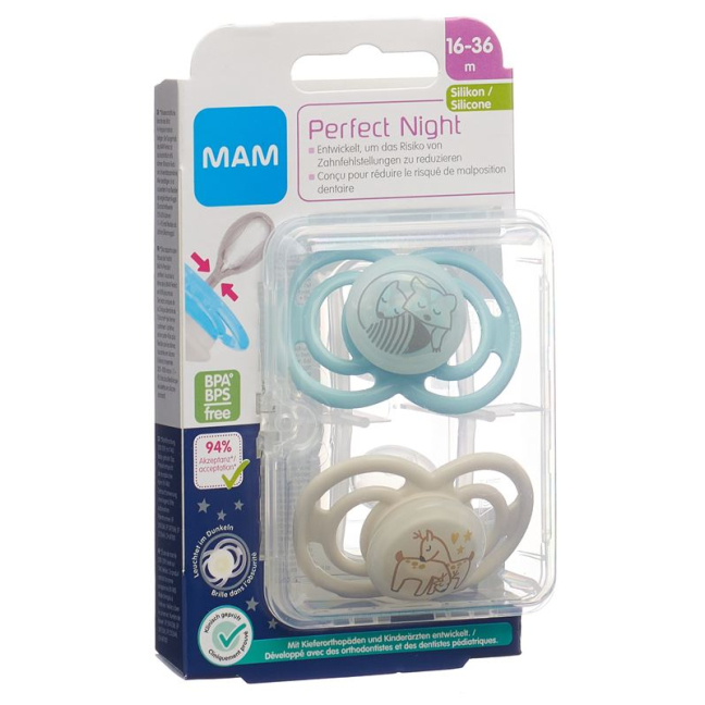 Buy MAM Perfect Night Nuggi Silikon 16-36m Boy Online | Beeovita