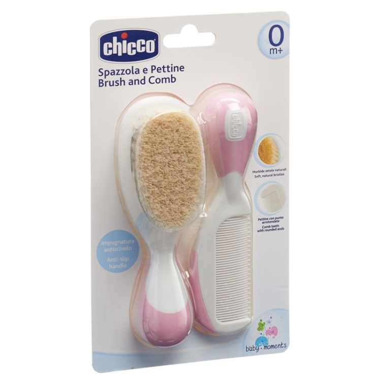 Pettine e spazzola Chicco setole naturali rosa 0m+