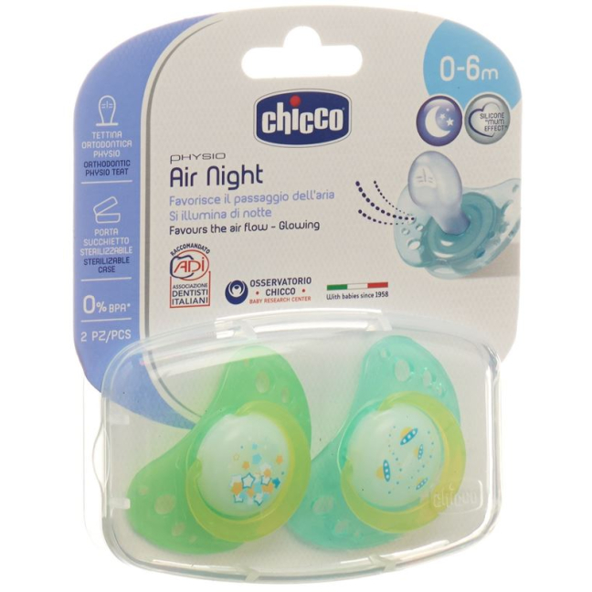 Chicco Physiological Silicone Soother mini GLOWING 0-6m CASE IT / DE / FR 2 pcs