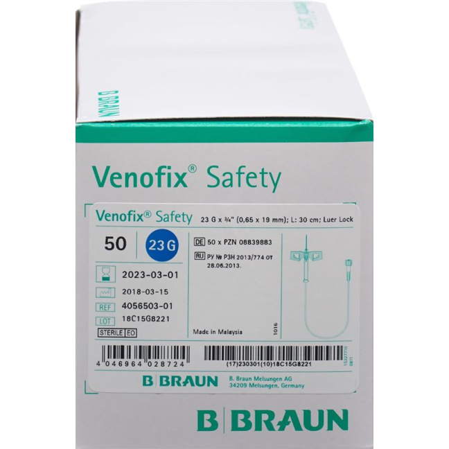Venofix Safety 23G 0.65x19mm ლურჯი შლანგი 30სმ 50 ც.