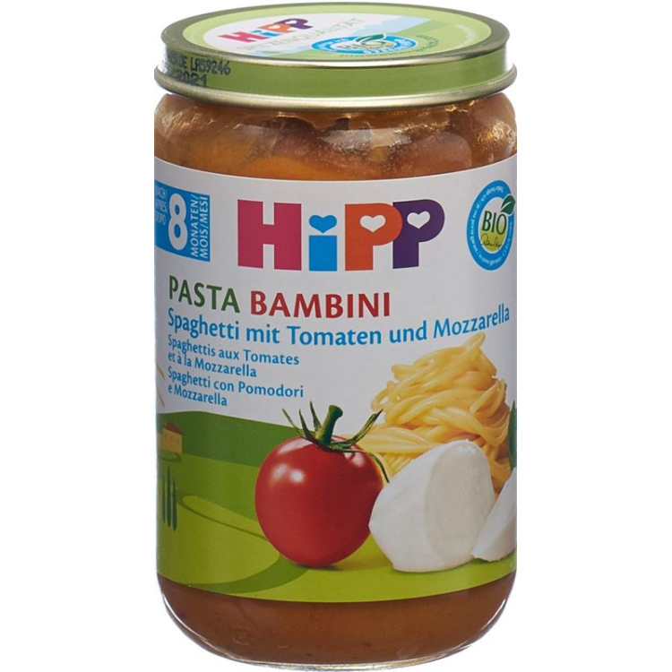 Hipp Pasta Bambini spaghetti with tomato and mozzarella eight months 220 g