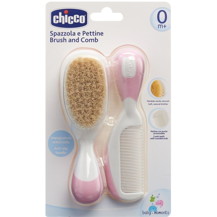 Chicco kam og børste naturlige børster pink 0m+