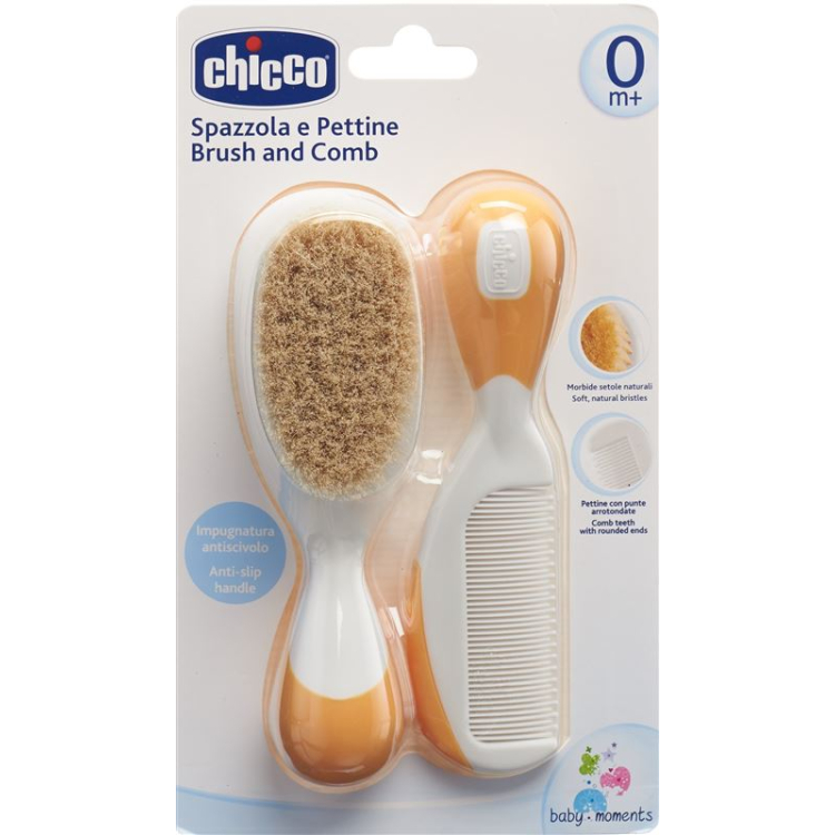 Chicco pente e escova cerdas naturais laranja 0m+